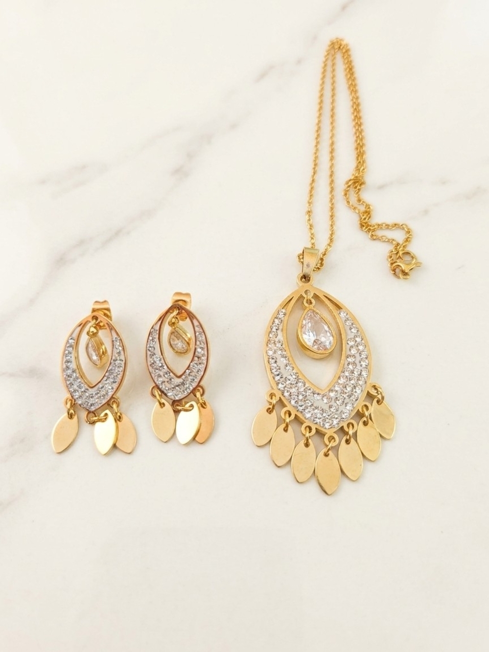 Gold-Tone Crystal Teardrop Pendant Necklace and Earring Set